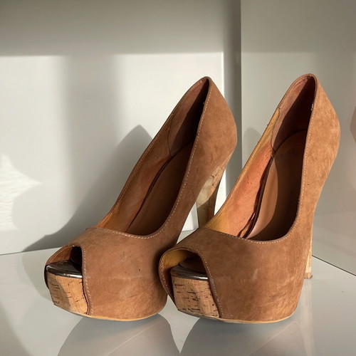 Suede Peep-Toe Shoes with Cork Platform and Heel, Used, Size 38