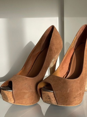 Suede Peep-Toe Shoes with Cork Platform and Heel, Used, Size 38