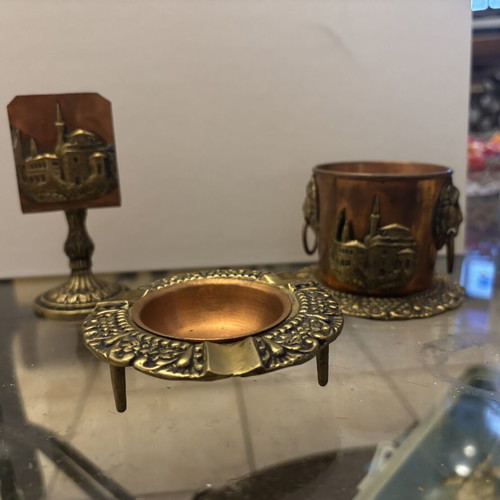 Vintage copper and bronze desk set with pencil holder, matchbox holder, ashtray