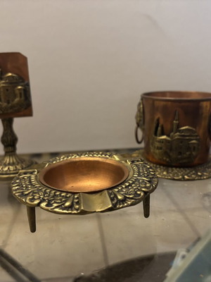Vintage copper and bronze desk set with pencil holder, matchbox holder, ashtray