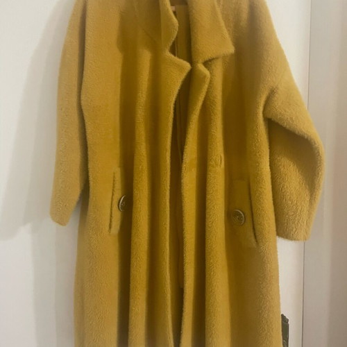 Long mustard fluffy jacket with belt used, size L