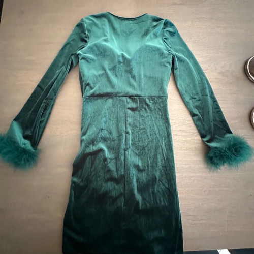 Velvet dress used, green, with feather cuffs
