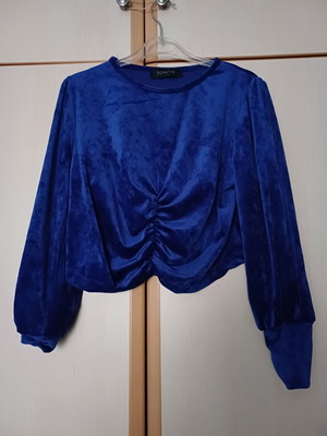 Velveteen blouse Doretta with front ruching like new, blue