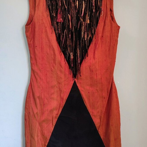 Handmade silk dress orange with fringes new, size M 38