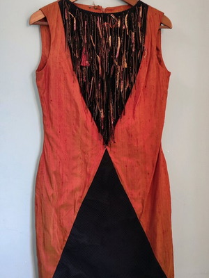Handmade silk dress orange with fringes new, size M 38