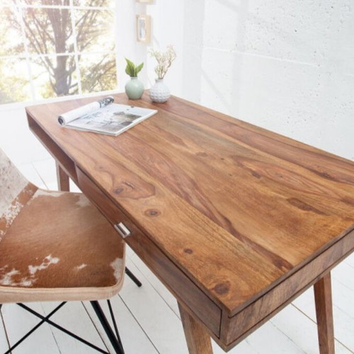 Retro desk brown solid sheesham wood with shelf and drawer