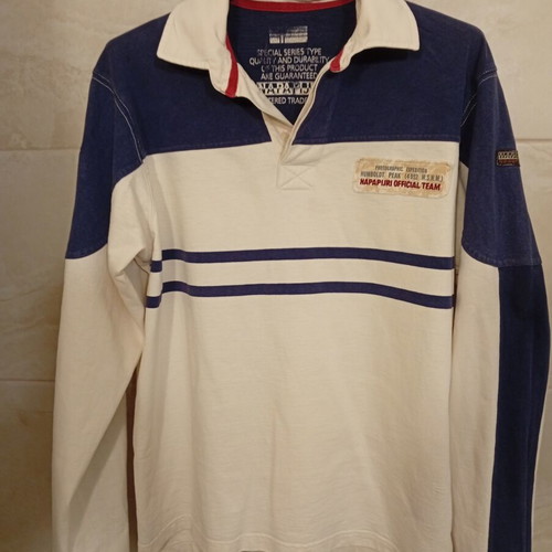 Napapijri long sleeve shirt with collar used, size L, white and blue