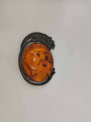 Pin used silver 925 with amber 6cm x 3.5cm