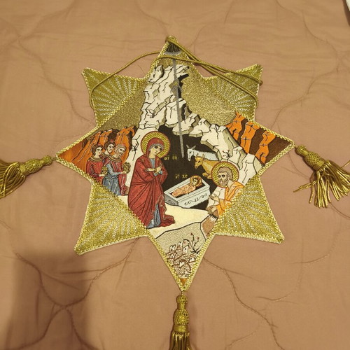 Handmade gold-embroidered epigonation like new with Nativity scene