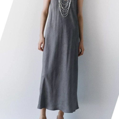 slim fit dress slacks Zara Deep Grey Premium Satin Effect Midi Dress With Long Sleeves