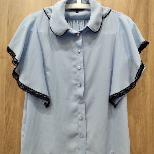 Lussile baby blue blouse with black lace and Peter Pan collar, size S