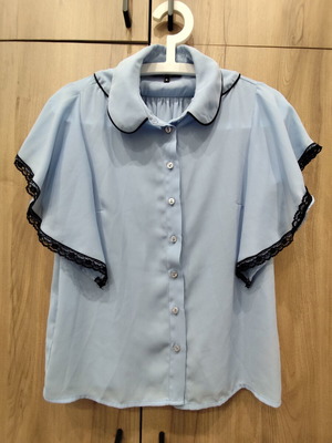 Lussile baby blue blouse with black lace and Peter Pan collar, size S
