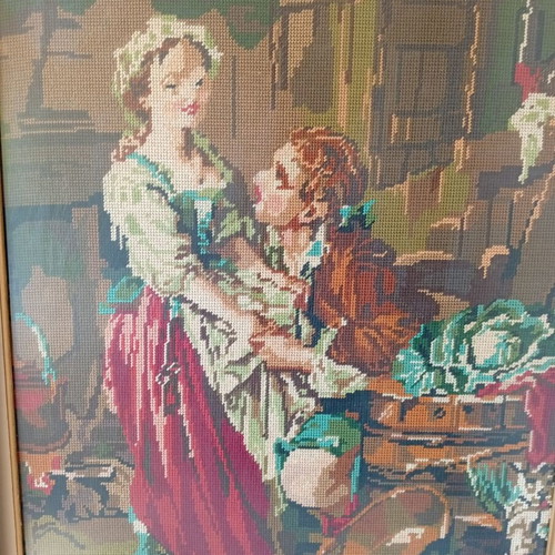 Handmade embroidery painting in solid wood frame with glass
