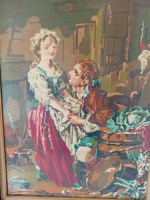 Handmade embroidery painting in solid wood frame with glass