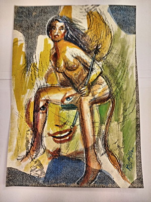 Sphinga2 mixed technique painting 30x40cm on cardboard signed by Ch. Koiliaris new