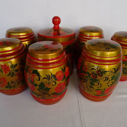 Khokhloma jars used, set of 7 wooden handmade vintage