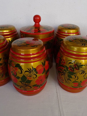 Khokhloma jars used, set of 7 wooden handmade vintage