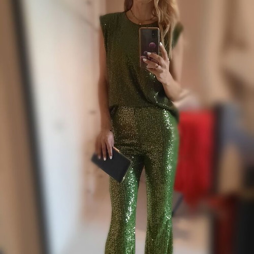 Evening set top and elastic flare pants with sequins, like new, olive green