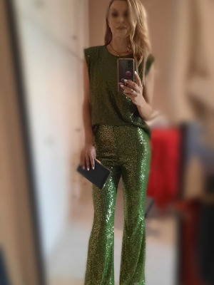Evening set top and elastic flare pants with sequins, like new, olive green