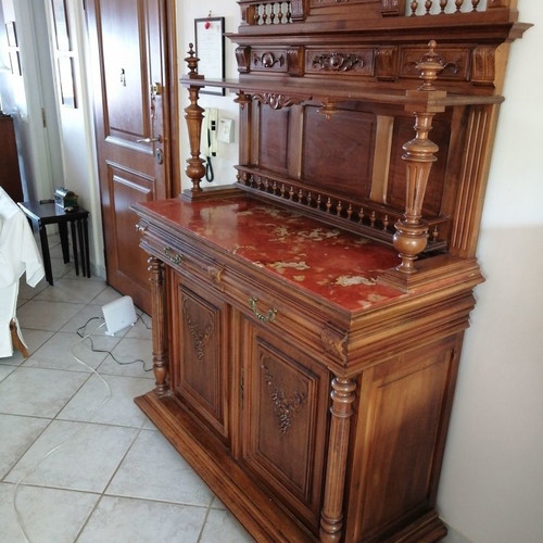 French antique cabinet used, solid carved walnut with marble
