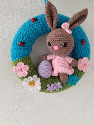 Handmade Easter wreath amigurumi brown bunny new