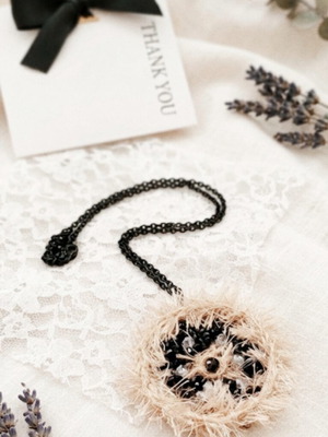 Handmade Statement Necklace with Woven Pendant and Black Stainless Steel Chain