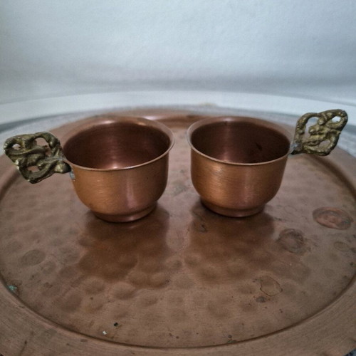 Copper hammered tray with glasses, used, 1960s