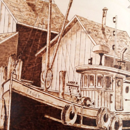 Woodburning painting Psaradiko new on basswood