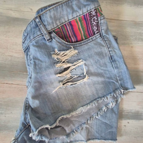 Attrattivo denim shorts used, size L, blue with colorful details