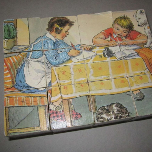 Vintage wooden cube puzzle used, 6 images by Marie Fischerova-Kvechova