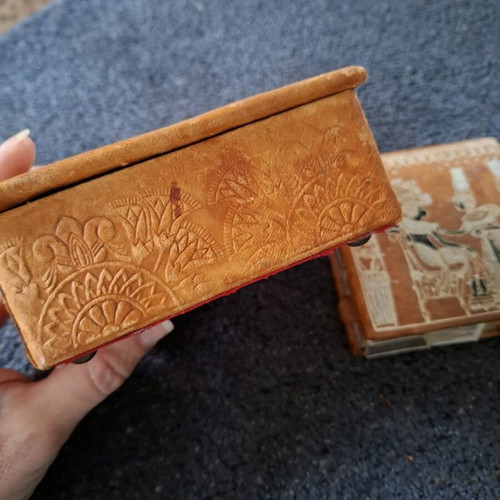 Egyptian leather boxes used, set of two with hand-painted designs