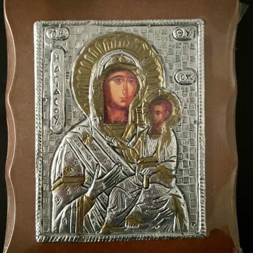 Holy icons of Virgin Mary and Jesus Christ handmade, like new, silver