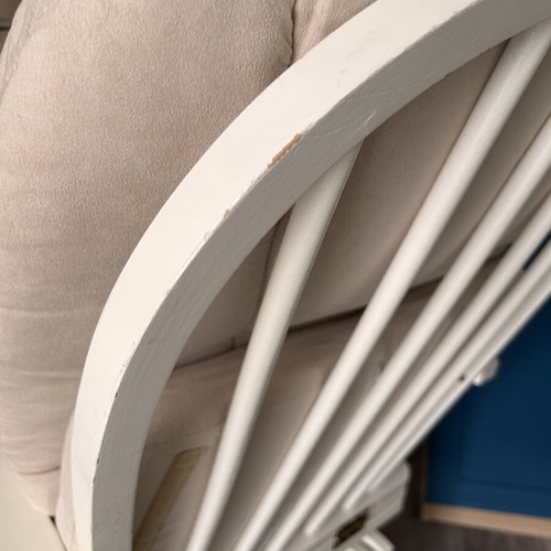 Rocking nursing chair like new, white wooden frame, beige fabric