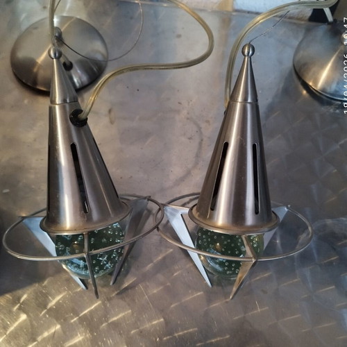 Apollo Rocket pendant lights used, metal frame with seeded glass spheres