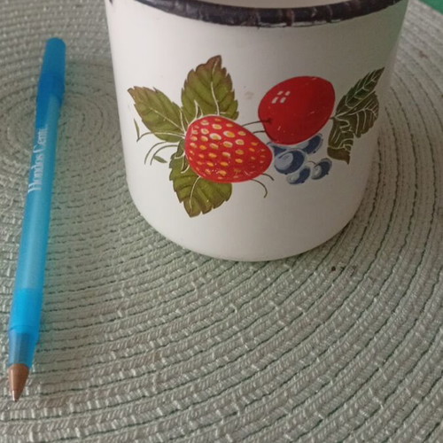 Vintage enamel mug used, Soviet Union 1960-70, breakfast cup