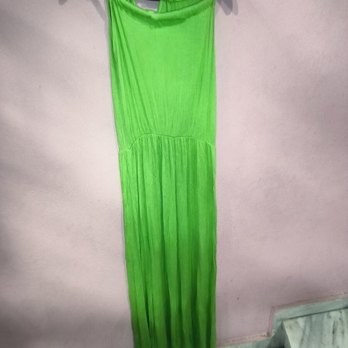 Green long dress with gold detail used, one size cotton elastic