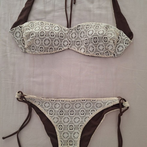 Tezenis women's bikini swimsuit, brown and cream lace