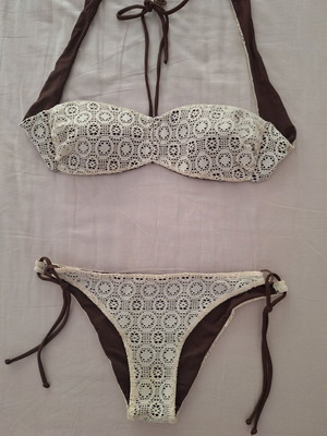 Tezenis women's bikini swimsuit, brown and cream lace