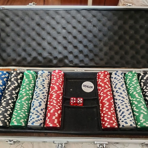 Casino chips set in aluminum case with dice, no cards