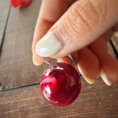 Red burgundy ball-shaped earrings with silver clasps like new