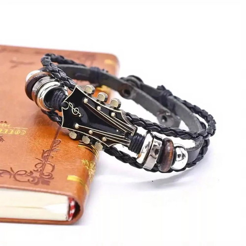 Men's leather bracelet electric guitar with steel clasp new