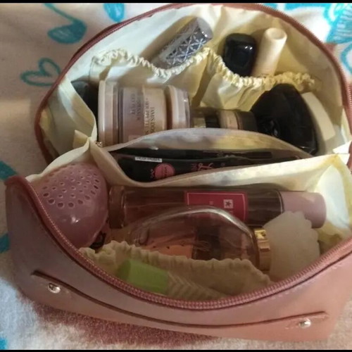 Toiletry bag with dividers for cosmetics tan color new