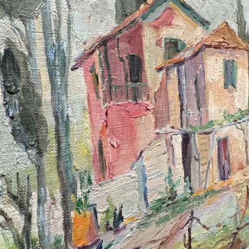 Oil painting used Mediterranean landscape Tuscany with wooden frame