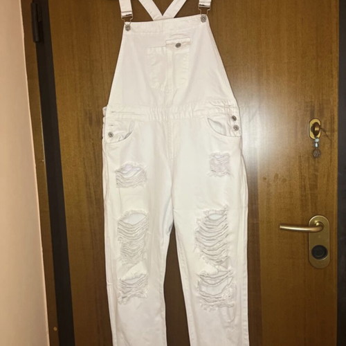 White denim jumpsuit with rips used, Y2K summer style