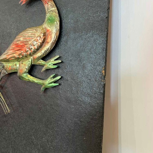 Vintage handmade wooden wall frame with metal peacock decoration '70 60x60