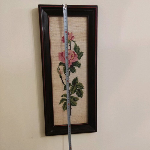 Vintage embroidered painting used with rose in wooden frame