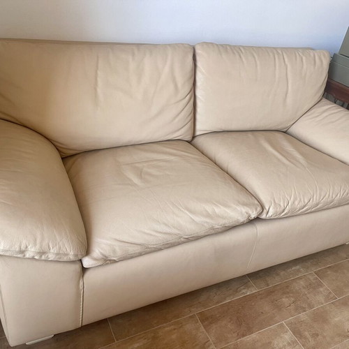 Two-seater leather sofa, beige, handmade, beech frame
