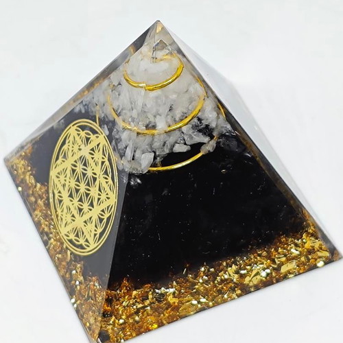 Orgonite pyramid with black tourmaline, quartz and Flower of Life symbol like new