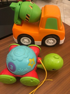 Fisher Price turtle and cement mixer truck used for toddlers