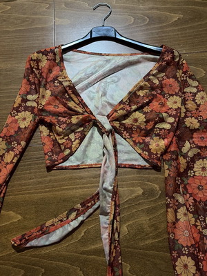 Shein XS Orange and Brown Floral Tie Front Blouse with Long Sleeves Like New